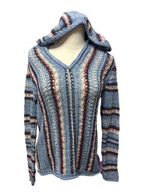 Eddie Bauer Womens Blue Striped Open Knit Hooded Sweater Pullover - size m